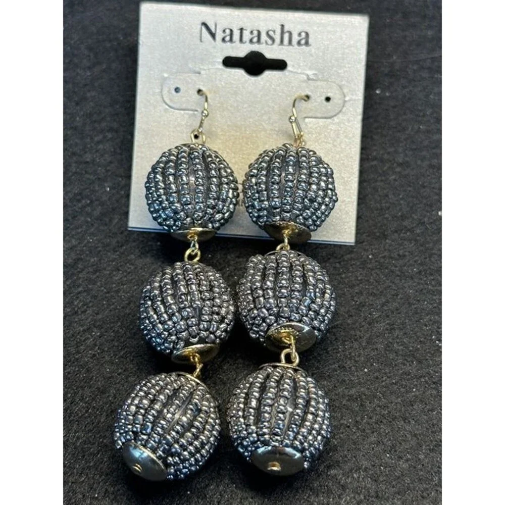 Gunmetal Beaded Triple Ball Drop Dangle Earrings Boho NWT New Jewelry Gift